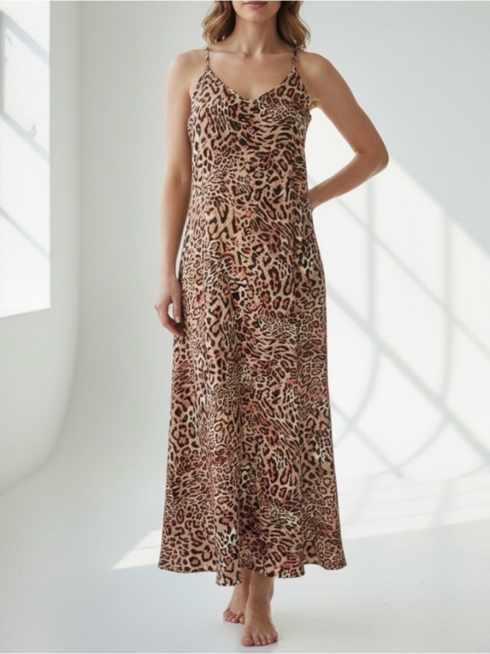 NICOLE MILLER LEOPARD PRINT SATIN MAXI DRESS SIZE M
